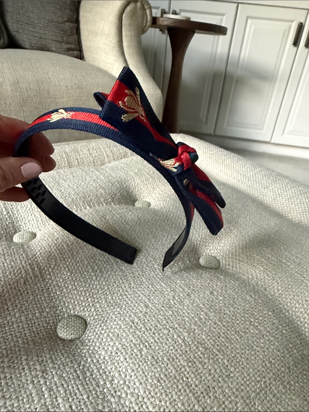 Navy and Red Bow Headband with Gold Embroidered Bees